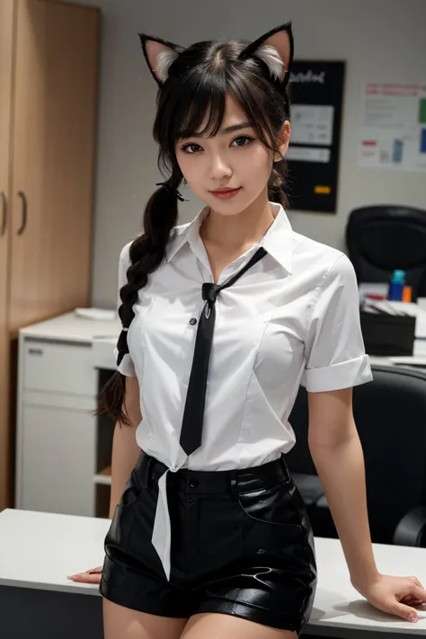 1girl, masterpiece, intricate, detailed, extreme details, highres,
slight smile,
cat ears,
black hair,
twin tails,
(small breasts:1.1),
(office:1.2),
(blurred background:1.2),
shiny clothes, shiny, shiny skin, shiny hair,
(white short shirt:1.2), (tie:1.2),