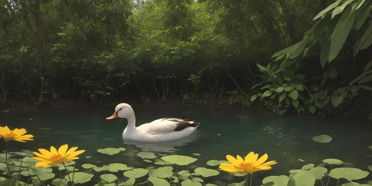 A closeup realistic photo of a duck in a lake in the middle of the jungle in the sunest. sunny weather, cinematic, shiny relfections, masterpiece, colorful flowers around the lake