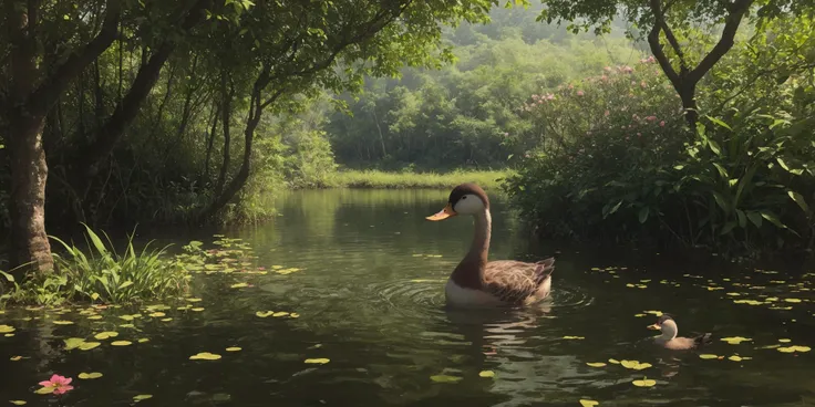 A closeup photo of a duck in a lake in the middle of the jungle in the sunest. sunny weather, cinematic, shiny relfections, masterpiece, colorful flowers around the lake