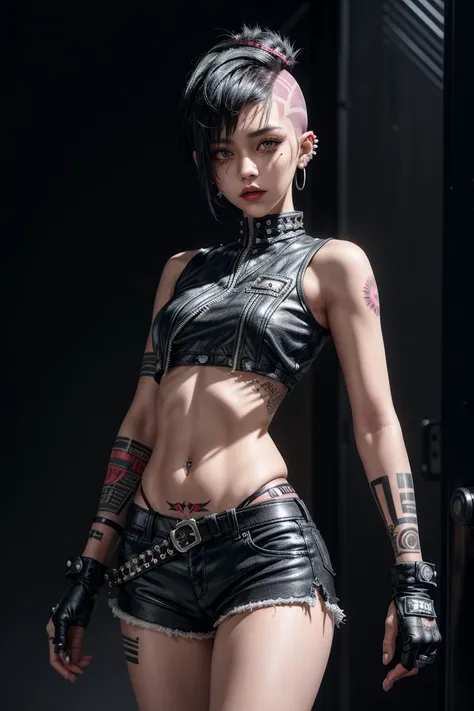 a girl with short hair, 
(punk:1.2), tattoos, piercings, (crest hairstyle:1.3),
black hair, 
gloves, 
black shorts, sleeveless shirts, 
torn clothing, 
<lora:more_details:0.7>