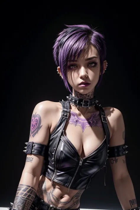 a girl with short hair,
(punk:1.2), tattoos, piercings, (emo hairstyle:1.3),
purple hair,
gloves, (spiked leather collar:1.2),
(muscles:0.6),
black shorts, sleeveless shirts,
torn clothing,
<lora:more_details:0.95>