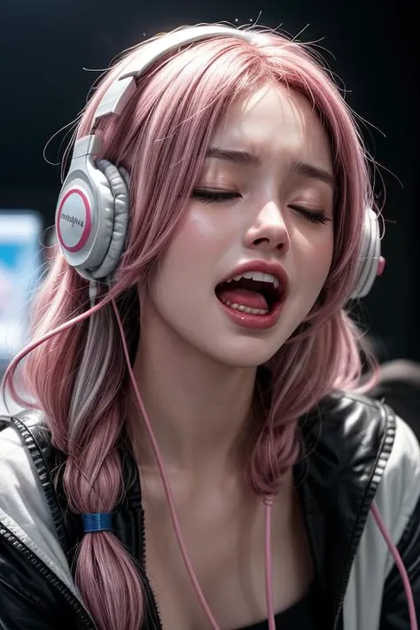 a photo of a girl screaming with headphones on and pink hair with her eyes closed, 
<lora:more_details:0.8>