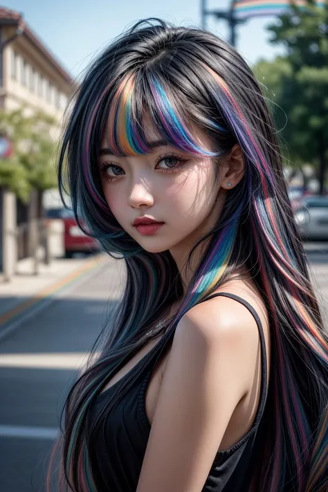 outdoors, blurry background, 
blue Slip, very long hair, 
a portrait of a girl with black eyes, (rainbow hair:1.2), 
<lora:more_details:0.8>
