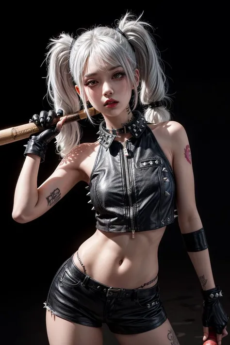 a girl, 
(punk:1.2), tattoos, piercings, (twin tails:1.1),
white hair, (holding a baseball bat:1.1), 
gloves, (spiked leather collar:1.2),
black shorts, sleeveless shirts, 
torn clothing, 
<lora:more_details:0.95>