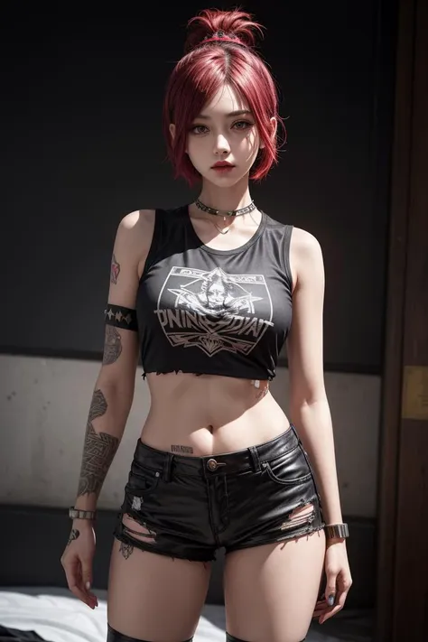 a girl with short hair, 
(punk:1.2), tattoos, piercings, Roman soldier crest hairstyle,
black shorts, sleeveless shirts, 
torn clothing, 
<lora:more_details:0.7>