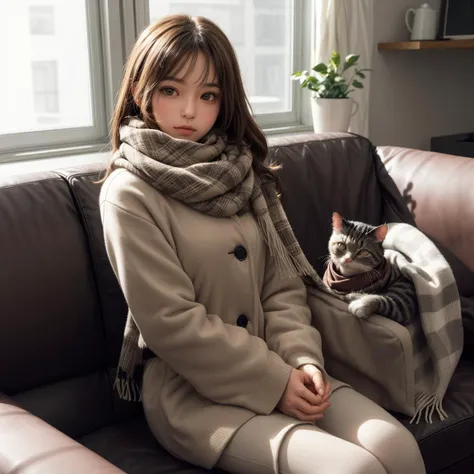 a girl sitting on a couch in winter, cat on the couch, cozy, blanket, scarf, coffee mug,
<lora:more_details:0.65>