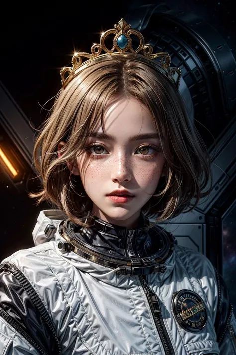 a portrait of a girl with freckles with gold eyes wearing a crown on a space suit,
alien planet, megastructure, futuristic background, unknown, cinematic, octane render, unreal engine render,
<lora:more_details:0.85>
