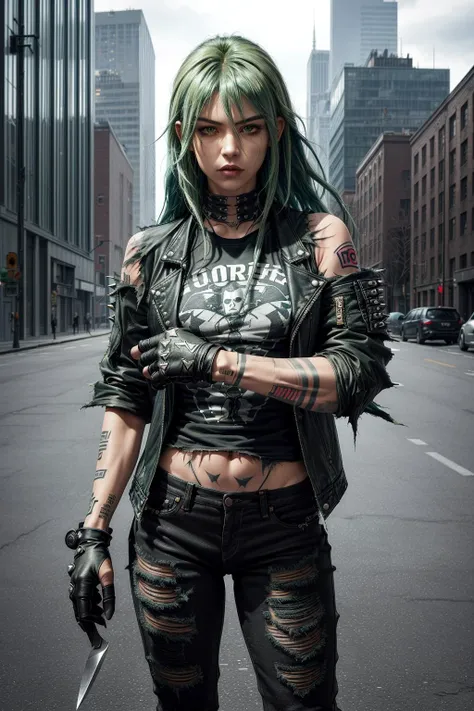 city background, blurry background, focus, 
knife, long hair, rock and roll, tattoos, jacket, spikes, t-shirt, military jeans, (torn clothes:1.2),  gloves, 
extreme details,
(imposing pose:1.2), 
shiny, shiny skin, shiny hair, shiny clothes, 
a photo of a girl with green hair, 
<lora:more_details:0.8>