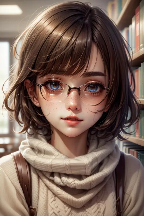 closeup, face, portrait, upper body,
freckles,
shy, blush,
(short brown hair:1.1),
(librarian:1.1),
(brown eyes:1.2),
cozy, detailed eyes, winter sweater,
<lora:more_details:0.35>
<lora:Cosmic anime-oil fusion v2:0.5>, shiny, shiny hair, shiny skin, shiny clothes