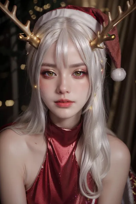 Christmas,
hat,
(white hair:1.3),
(santa costume:1.3),
red clothes, 
sparkles, particles, 
(Christmas lights:1.2), 
(red hat:1.2),
<lora:more_details:0.55>
(antlers:1.2),
(golden eyes:1.2), 
makeup, (blush:1.1), 
closeup, portrait, upper body, 
<lora:XiaMoV1.0-000003:0.9> XiaMo, shiny, shiny hair, shiny skin, shiny clothes, masterpiece, extreme details, detailed, focus, masterpiece, realistic, photorealistic, 4k, 8k, 16k, highres