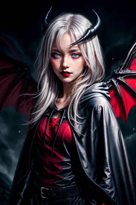 closeup, face, detailed eyes,
glow, special effects, lighting, volumetric lighting,
(freckles, top, messy hair:1.1),
(white hair:1.2), blue eyes, detailed eyes, glowing eyes, energy,
warrior, looking to the side,
long hair,
(vampire, wings, black cape, hoodie:1.3),
beautiful woman, majesty, castle, blurry background,
clouds, sparkles, particles,
fantasy, illustration,
horns,
cinematic, masterpiece, detailed, extreme details, extreme res, lighting,
1girl, shiny hair, shiny, shiny skin, shiny clothes, realistic, (photorealistic:1.1),
<lora:more_details:1.75>
