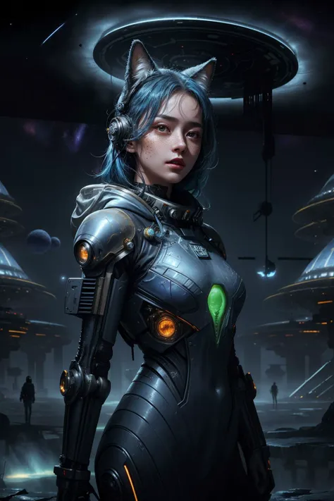 cowboy shot,
glow, special effects, lighting, volumetric lighting,
(freckles, top, messy hair:1.1),
(blue hair:1.2),
warrior, looking to the side,
long hair,
mecha, cyborg, android, space suit,
stars, starry sky,
(space ship, alien ship:1.2),
(alien:1.5), (alien world:1.3), intricate, (civilization, megastructure:1.3), futuristic, detailed background, aurora, space, ruins, metallic,
beautiful woman,
animal ears,
cinematic, masterpiece, detailed, extreme details, extreme res, lighting,
1girl, shiny hair, shiny, shiny skin, shiny clothes, realistic, (photorealistic:1.1),
<lora:more_details:0.4>
<lora:CyberpunkStyleV1:0.55> PunkAI