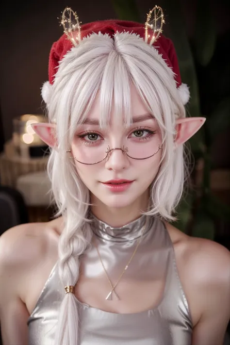 Christmas,
hat,
short hair, (white hair:1.3),
(elf ears:1.2),
santa costume,
<lora:more_details:0.55>
<lora:AilyV1.0-000003:0.8> Aily, glasses, 1girl, solo, long hair, lips, jewelry, upper body, indoors, realistic, semi-rimless eyewear, animal ears, earphones, dress, under-rim eyewear, shiny, shiny hair, shiny skin, shiny clothes, masterpiece, extreme details, detailed, focus, masterpiece, realistic, photorealistic, 4k, 8k, 16k, highres