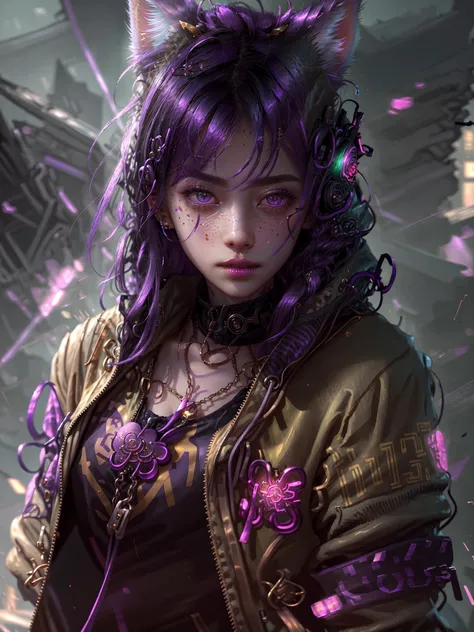 <lora:FantasyStyle-000015:.65> FantasyStyle_Burple, <lora:NeonsAIv1.0-000015:1.1> NeonsAI,
1girl, solo, masterpiece, a beautiful woman, 20-year-old woman, intricate details, realistic, blurry background, focus,
lighting, cinematic,
closeup, detailed eyes,
shiny hair, shiny, shiny skin, shiny clothes,
purple hair, cat ears, purple eyes,
(jacket:1.4),
tattoos, freckles, butterflies, roses,
<lora:CyberpunkStyleV1:1> PunkAI
