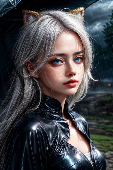 closeup, face, detailed eyes,
glow, special effects, lighting, volumetric lighting, 
(freckles, top, messy hair:1.1),
(white hair:1.2), blue eyes, detailed eyes, 
warrior, looking to the side, 
long hair,
rain, rainy, wet hair, 
beautiful woman, majesty, castle, blurry background, 
clouds, sparkles, particles, 
fantasy, illustration, 
cinematic, masterpiece, detailed, extreme details, extreme res, lighting,
1girl, animal ears, shiny hair, shiny, shiny skin, shiny clothes, realistic, (photorealistic:1.1),
<lora:more_details:1.75>