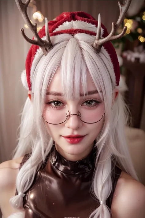 Christmas,
hat,
(white hair:1.3),
santa costume,
(red hat:1.2),
<lora:more_details:0.55>
(antlers:1.2),
<lora:AilyV1.0-000003:0.9> Aily, glasses, shiny, shiny hair, shiny skin, shiny clothes, masterpiece, extreme details, detailed, focus, masterpiece, realistic, photorealistic, 4k, 8k, 16k, highres