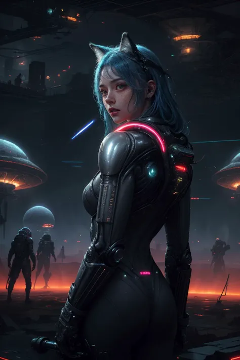 cowboy shot,
glow, special effects, lighting, volumetric lighting,
(freckles, top, messy hair:1.1),
(blue hair:1.2),
warrior, looking to the side,
long hair,
mecha, cyborg, android, space suit,
stars, starry sky,
(space ship, alien ship:1.2),
(alien:1.5), (alien world:1.3), intricate, (civilization, megastructure:1.3), futuristic, detailed background, aurora, space, ruins, metallic, (
neons, glowing, glow:1.3),
beautiful woman,
animal ears,
cinematic, masterpiece, detailed, extreme details, extreme res, lighting,
1girl, shiny hair, shiny, shiny skin, shiny clothes, realistic, (photorealistic:1.1),
<lora:more_details:0.4>
<lora:CyberpunkStyleV1:0.55> PunkAI