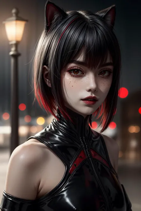 a girl at a park on a date at night with street lights,
blurry background,
cat ears,
black makeup,
closeup, face, detailed eyes, eyes, extreme details, intricate,
red hair, short hair, bob cut, red eyes,
glow, lights, shiny lights,
low-cut,
freckles, butterfly,
shiny hair, shiny, shiny skin, shiny clothes, realistic, (photorealistic:1.1)
<lora:more_details:0.85>, goth,black lipstick <lora:countess_(paragon)-000015:0.8> countess (paragon), paragon, latex, female