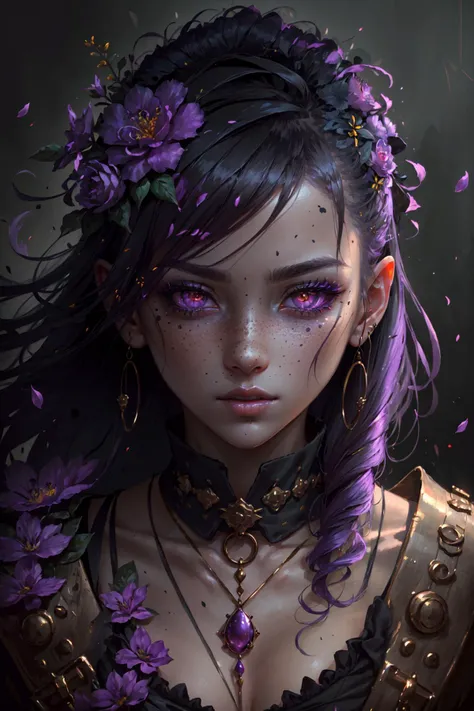 <lora:FantasyStyle-000015:.65> FantasyStyle_Burple,
1girl, flowers, detailed, realistic, lighting, volumetric lighting, focus, deep purple, colorful, paint, illustration, masterpiece, pink eyes, glowing eyes, face focus, closeup shot, closeup, ((extreme details)), freckles, flower on hair
<lora:CyberpunkStyleV1:.75> PunkAI