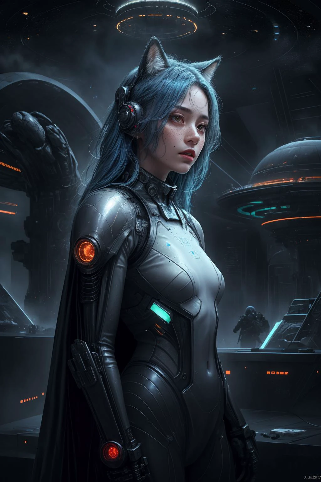 cowboy shot,
glow, special effects, lighting, volumetric lighting,
(freckles, top, messy hair:1.1),
(blue hair:1.2),
warrior, looking to the side,
long hair,
mecha, cyborg, android, space suit,
stars, starry sky,
(space ship, alien ship:1.2),
(alien:1.5), (alien world:1.3), intricate, (civilization, megastructure:1.3), futuristic, detailed background, aurora, space, ruins, metallic,
beautiful woman,
animal ears,
cinematic, masterpiece, detailed, extreme details, extreme res, lighting,
1girl, shiny hair, shiny, shiny skin, shiny clothes, realistic, (photorealistic:1.1),
<lora:more_details:0.4>
<lora:CyberpunkStyleV1:0.55> PunkAI