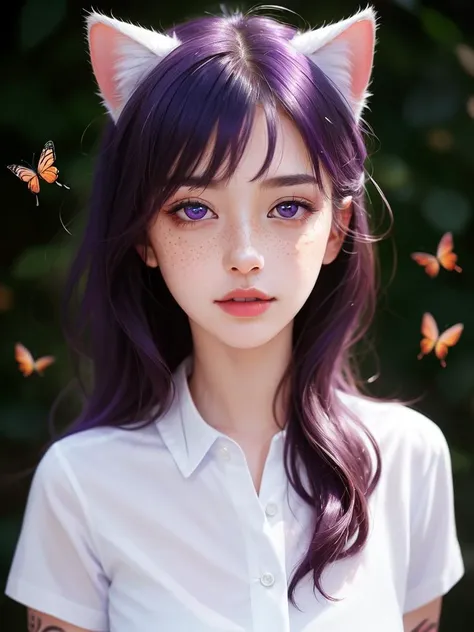 1girl, solo, masterpiece, a beautiful woman, 20-year-old woman, intricate details, realistic, blurry background, focus,
lighting, cinematic,
closeup, detailed eyes,
shiny hair, shiny, shiny skin, shiny clothes,
purple hair, cat ears, purple eyes,
(white shirt:1.4),
tattoos, freckles, butterflies, roses