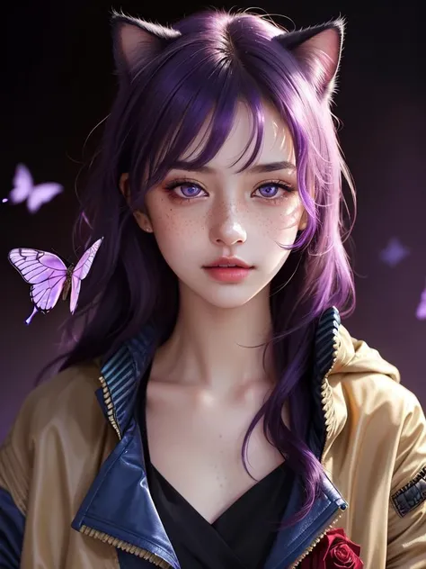 1girl, solo, masterpiece, a beautiful woman, 20-year-old woman, intricate details, realistic, blurry background, focus,
lighting, cinematic,
closeup, detailed eyes,
shiny hair, shiny, shiny skin, shiny clothes,
purple hair, cat ears, purple eyes,
(jacket:1.4),
tattoos, freckles, butterflies, roses