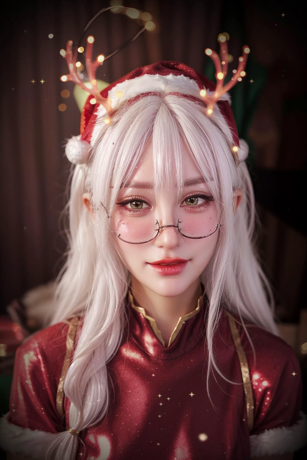 Christmas,
hat,
(white hair:1.3),
(santa costume:1.3),
red clothes,
sparkles, particles,
(Christmas lights:1.2),
(red hat:1.2),
<lora:more_details:0.55>
(antlers:1.2),
makeup, (blush:1.1),
closeup, portrait, upper body,
<lora:AilyV1.0-000003:0.9> Aily, glasses, shiny, shiny hair, shiny skin, shiny clothes, masterpiece, extreme details, detailed, focus, masterpiece, realistic, photorealistic, 4k, 8k, 16k, highres