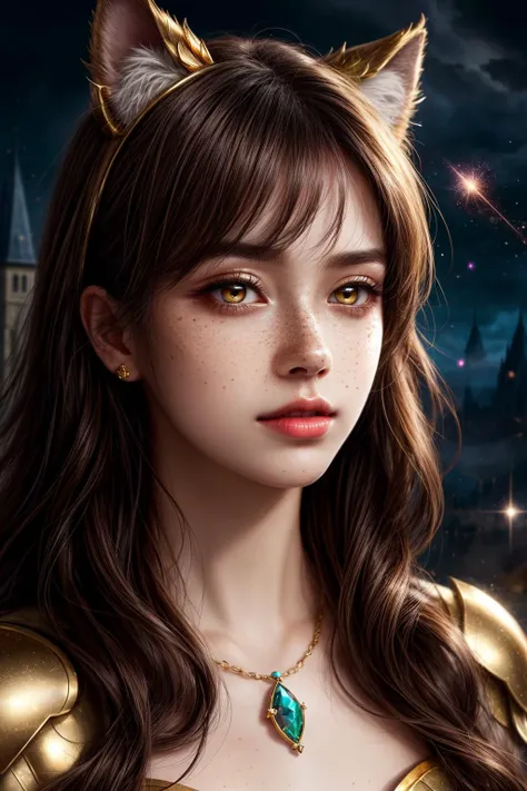 closeup, face, detailed eyes,
glow, special effects, lighting, volumetric lighting,
(freckles, top, messy hair:1.1), (gold eyes:1.2),
beautiful woman, majesty, castle, blurry background,
clouds, sparkles, particles,
fantasy, illustration,
cinematic, masterpiece, detailed, extreme details, extreme res, lighting,
1girl, animal ears, shiny hair, shiny, shiny skin, shiny clothes, realistic, (photorealistic:1.1),
<lora:more_details:0.9>