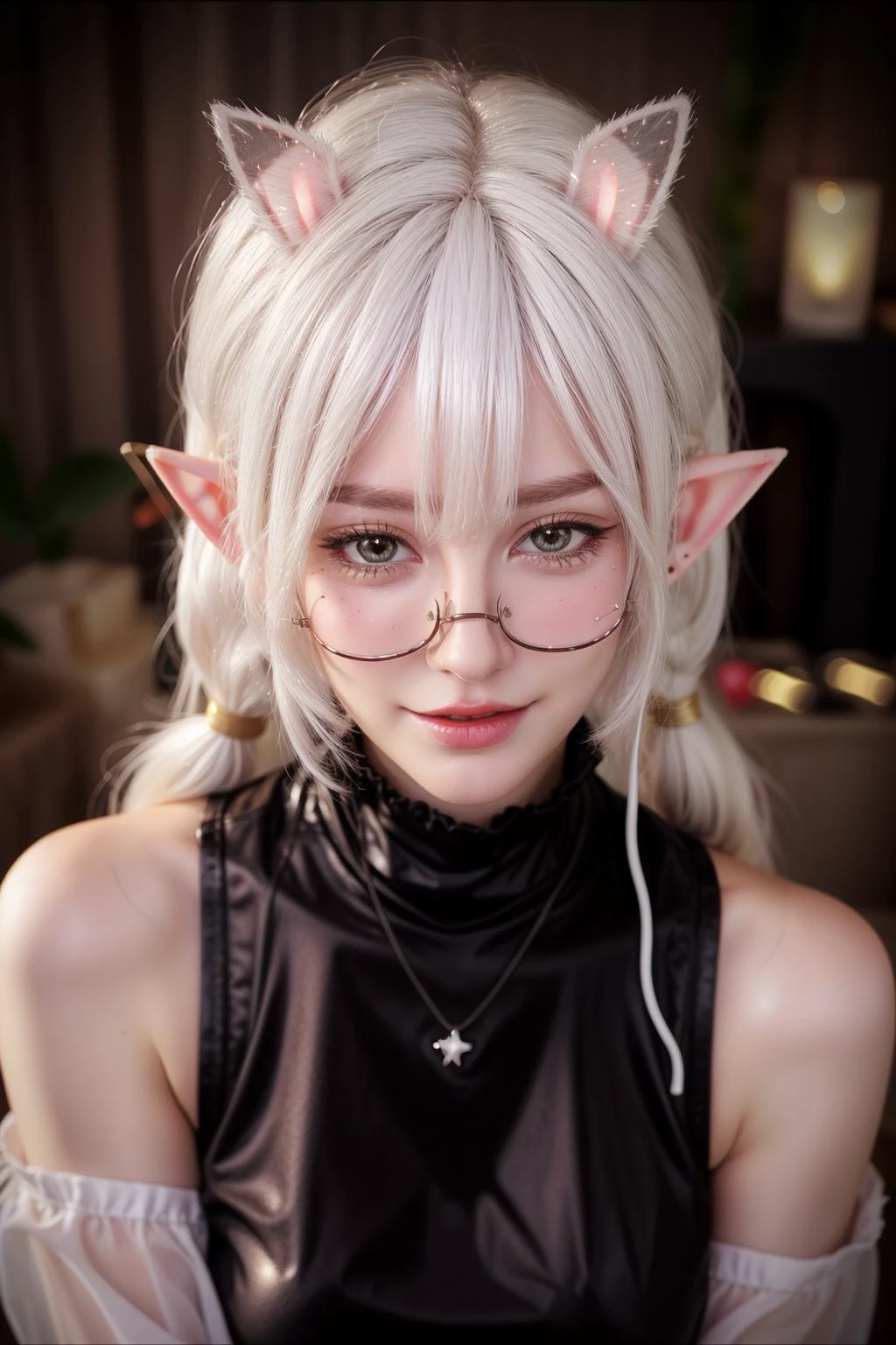 Christmas,
hat,
twintails, (white hair:1.3),
(elf ears:1.2),
santa costume,
<lora:more_details:0.55>
<lora:AilyV1.0-000003:0.8> Aily, glasses, 1girl, solo, long hair, lips, jewelry, upper body, indoors, realistic, semi-rimless eyewear, animal ears, earphones, dress, under-rim eyewear, shiny, shiny hair, shiny skin, shiny clothes, masterpiece, extreme details, detailed, focus, masterpiece, realistic, photorealistic, 4k, 8k, 16k, highres