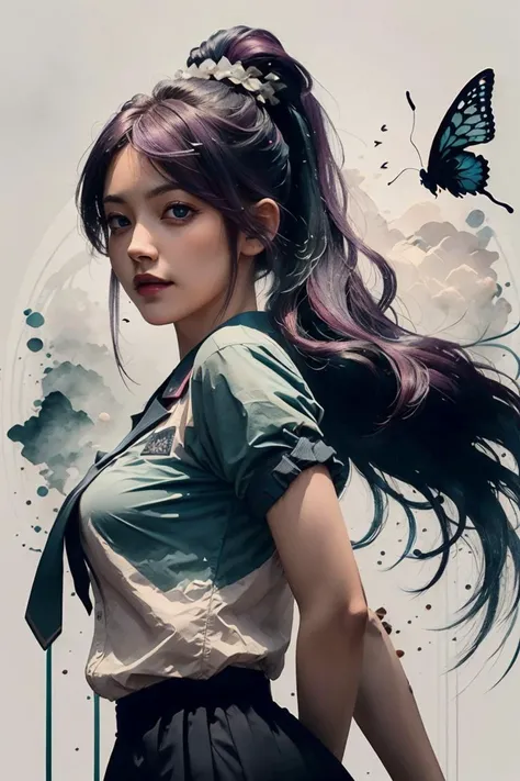 1girl, masterpiece, intricate, detailed, extreme details, highres, closeup, closeup face, detailed eyes, blue eyes, butterfly, slight smile, school uniform, black skirt, purple shirt, tie, <lora:senjougahara_hitagi_v2:.75> sh1, senjougahara hitagi, long hair, ponytail, purple hair <lora:ink-0.1-3-b28-bf16-D128-A1-1-ep64-768-DAdaptation-cosine:1.6> (white background, ink:1.2)