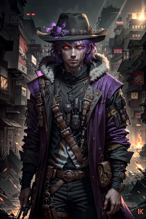 <lora:FantasyStyle-000015:.65> FantasyStyle_Burple,
masterpiece, best quality, (extremely detailed CG unity 8k wallpaper), (best quality), (best illustration), (best shadow), ((best quality)), ((masterpiece)), ((realistic)), (detailed), 1boy, a man, fantasy, cowboy, cowboy hat, shiny skin, shiny clothes, sunset, detailed, extreme details, smokin, long coat, city ruins, looking at viewer, closeup, red eyes, glowing eyes
<lora:CyberpunkStyleV1:.75> PunkAI