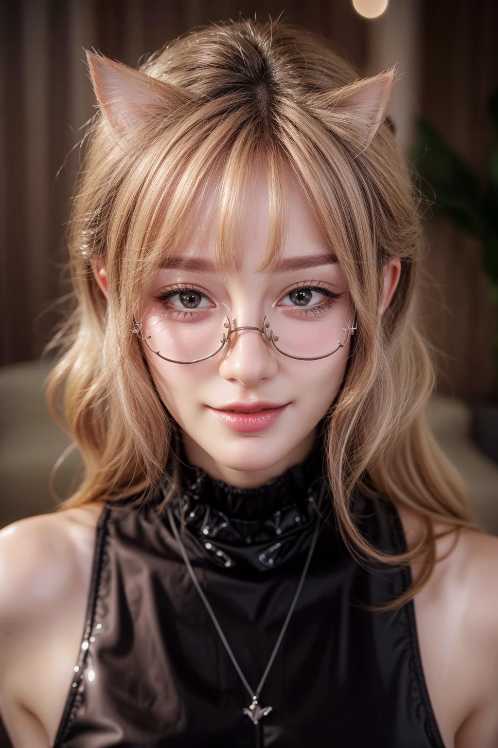 cat ears, blue eyes, blonde, slight smile, smirk,
<lora:AilyV1.0-000003:0.8> Aily, glasses, long hair, lips, jewelry, upper body, indoors, realistic, semi-rimless eyewear, under-rim eyewear,
<lora:more_details:0.7>, shiny, shiny hair, shiny skin, shiny clothes, masterpiece, extreme details, detailed, focus, masterpiece, realistic, photorealistic, 4k, 8k, 16k, highres