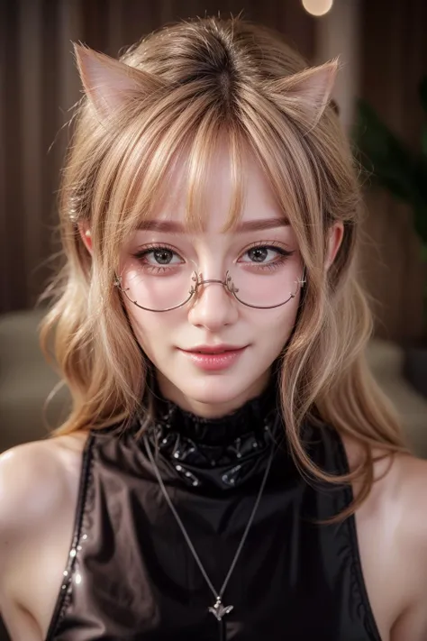 cat ears, blue eyes, blonde, slight smile, smirk,
<lora:AilyV1.0-000003:0.8> Aily, glasses, long hair, lips, jewelry, upper body, indoors, realistic, semi-rimless eyewear, under-rim eyewear,
<lora:more_details:0.7>, shiny, shiny hair, shiny skin, shiny clothes, masterpiece, extreme details, detailed, focus, masterpiece, realistic, photorealistic, 4k, 8k, 16k, highres