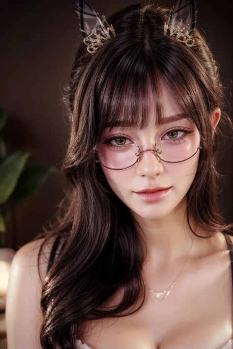 cat ears,
 <lora:AilyV1.0-000003:0.8> Aily, (glasses:1.1), long hair, lips, jewelry, upper body, indoors, realistic, semi-rimless eyewear, under-rim eyewear,
 <lora:more_details:0.7>, shiny, shiny hair, shiny skin, shiny clothes, masterpiece, extreme details, detailed, focus, masterpiece, realistic, photorealistic, 4k, 8k, 16k, highres