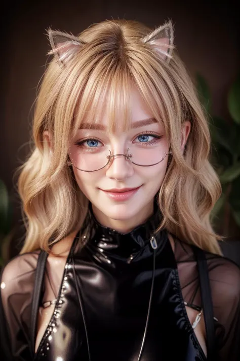 cat ears, blue eyes, blonde, slight smile, smirk, 
 <lora:AilyV1.0-000003:0.85> Aily, glasses, long hair, lips, jewelry, upper body, indoors, realistic, semi-rimless eyewear, under-rim eyewear,
 <lora:more_details:0.7>, shiny, shiny hair, shiny skin, shiny clothes, masterpiece, extreme details, detailed, focus, masterpiece, realistic, photorealistic, 4k, 8k, 16k, highres