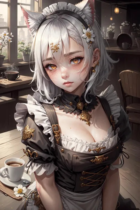 detailed, masterpiece, intricate details, extreme details, detailed, detailed background, blush, shiny, shiny clothes, shiny hair, freckles, white eyes, maid, gold eyes, cafe, flower on hair, white hair, 
<lora:CatgirlMaidV1.0-000003:.75> CatgirlMaid, <lora:CyberpunkStyleV1:.85> PunkAI
