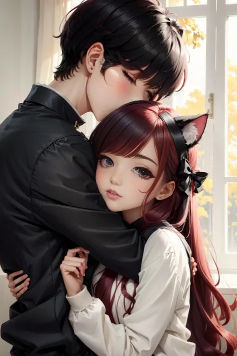2 persons, ((1 girl, 1boy)), long hair, cat ears, cozy, jacket, red hair AND black hair,
<lora:HugsLoraV1.0-000001:1> HugsAI