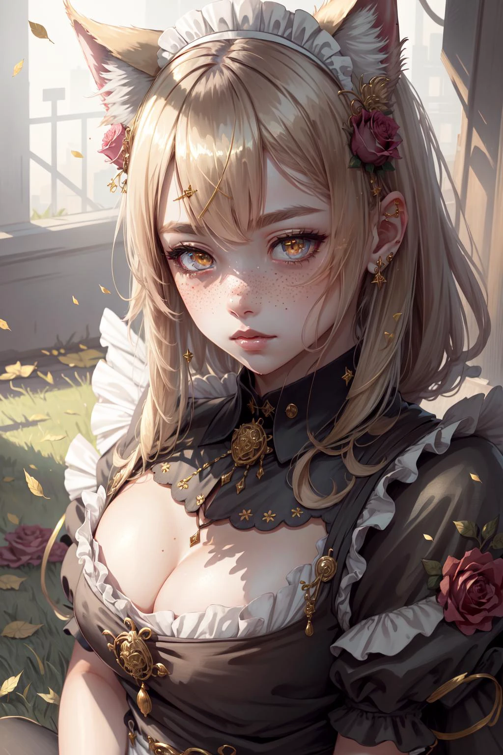 detailed, masterpiece, intricate details, extreme details, detailed, detailed background, blush, shiny, shiny clothes, shiny hair, freckles, white eyes, maid, gold eyes, laying on the grass, rose on hair,
<lora:CatgirlMaidV1.0-000003:.75> CatgirlMaid, <lora:CyberpunkStyleV1:.85> PunkAI