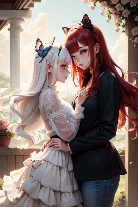 2 persons, ((2girls)), long hair, cat ears, cozy, red hair AND white hair, shiny clothes, shiny hair, masterpiece, intricate details, detailed, extreme details, outdoors, flower on hair, roses, butterfly, freckles, vibrant colors,
<lora:HugsLoraV1.0-000001:1> HugsAI