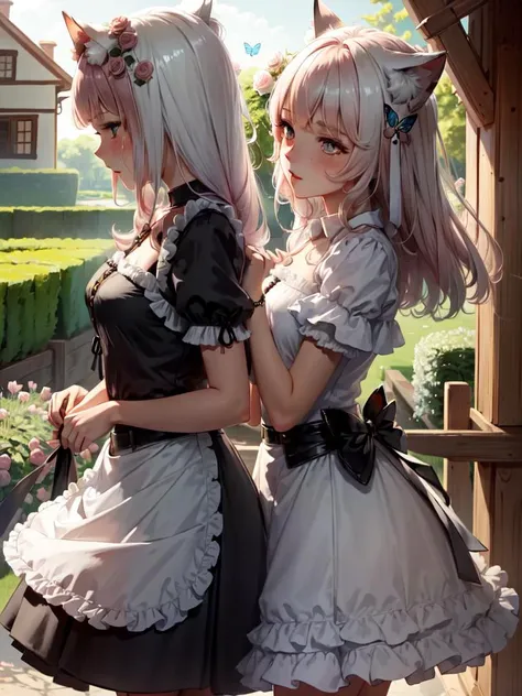 2 persons, ((2girls)), long hair, cat ears, cozy, red hair AND white hair, shiny clothes, shiny hair, masterpiece, intricate details, detailed, extreme details, outdoors, garden, flower on hair, roses, butterfly, freckles,
<lora:HugsLoraV1.0-000001:1> HugsAI,
<lora:CatgirlMaidV1.0-000003:1> CatgirlMaid