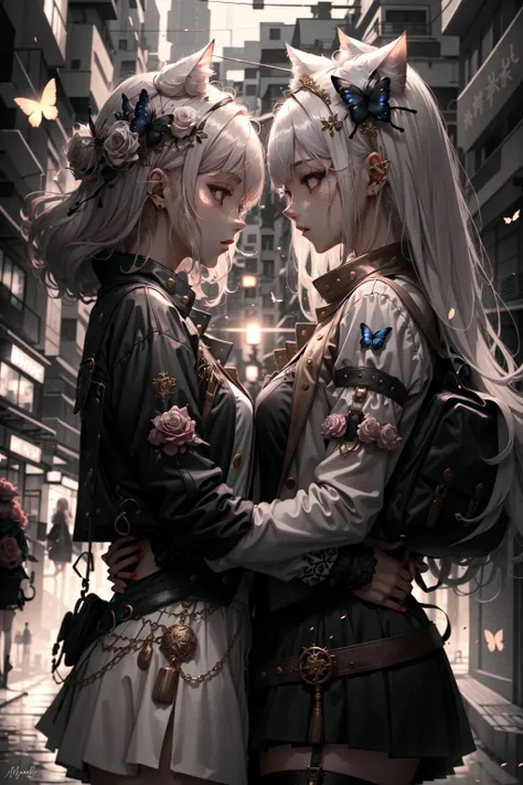 2 persons, ((2girls)), long hair, cat ears, cozy, red hair AND white hair, shiny clothes, shiny hair, masterpiece, intricate details, detailed, extreme details, outdoors, flower on hair, roses, butterfly, freckles, vibrant colors,
<lora:HugsLoraV1.0-000001:1> HugsAI,
<lora:CyberpunkStyleV1:.85> PunkAI