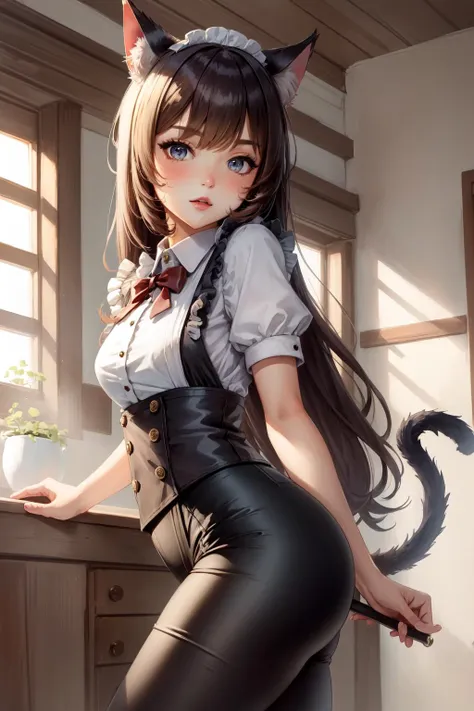 <lora:CatgirlMaidV1.0-000003:.75> CatgirlMaid, leggings, shorts