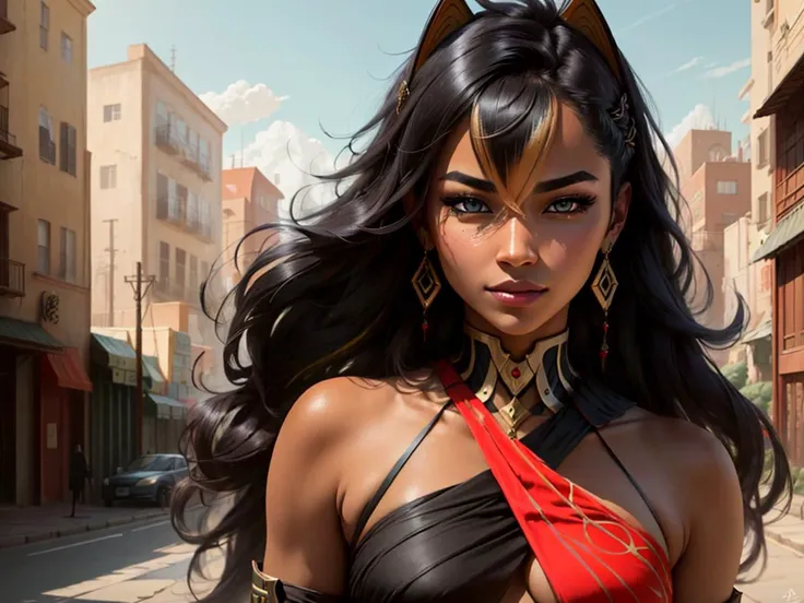 city, Dehya, Dehya \(genshin impact\), genshin impact,earrings,female,dark-skinned female,dark skin,1girl,solo,long hair,blue eyes,hair between eyes,multicolored hair <lora:Dehya-000009:0.85>,