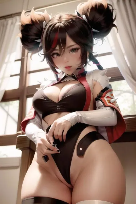 extrmely detailed, details, masterpiece, ((illustration)), 4k, 8k, high quality, highres, lighting, cinematic, award winning, panties, thighhighs, tall, grown woman, woman, girl, wide hips, breasts
Xianyan, tight pussy, nonude, tight, tight clothing, cum, spikes, pigtails, twin tails, black hair, red hair, black nails, leotard, garter, <lora:XinyanV2-000028:0.8>