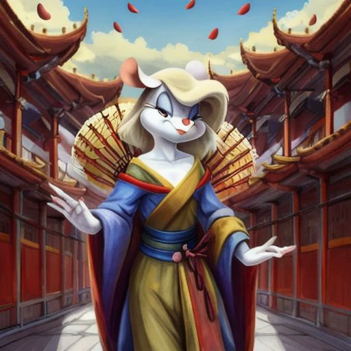 Minerva Mink (Animaniacs), <lora:CourtesanT-15:1>, CourtesanT, eastern architecture, falling petals, folded fan, hand fan, holding, best quality, masterpiece, highres