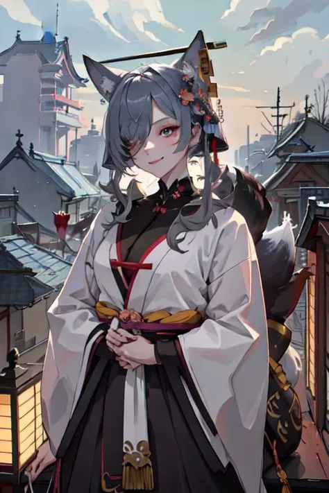 masterpiece, best quality, IncrsAhriCoven, fox tail, multiple tails, (facial mark:0.8), hair over one eye, upper body, evil smile, CourtesanT, eastern architecture, falling petals,