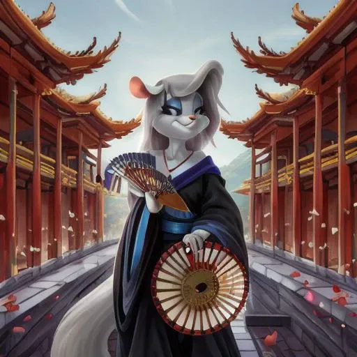 Minerva Mink (Animaniacs), <lora:CourtesanT-15:1>, CourtesanT, eastern architecture, falling petals, folded fan, hand fan, holding, best quality, masterpiece, highres