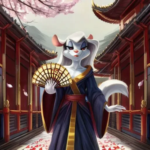 Minerva Mink (Animaniacs), <lora:CourtesanT-15:1>, CourtesanT, eastern architecture, falling petals, folded fan, hand fan, holding, best quality, masterpiece, highres