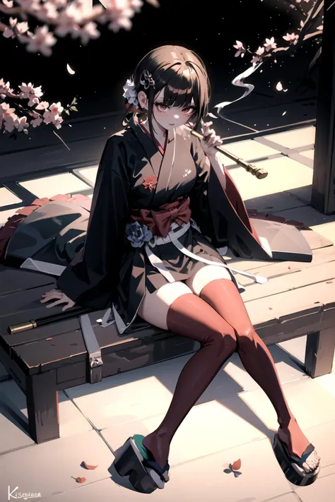 <lora:CourtesanT-15:0.8>, CourtesanT, geta, smoking pipe, kiseru, holding, falling petals, petals, <lora:MakiHarukawa-12:0.8>, best quality, masterpiece, highres