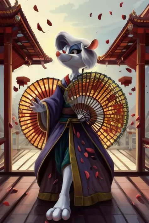 Minerva Mink (Animaniacs), <lora:CourtesanT-15:1>, CourtesanT, eastern architecture, falling petals, folded fan, hand fan, holding, best quality, masterpiece, highres